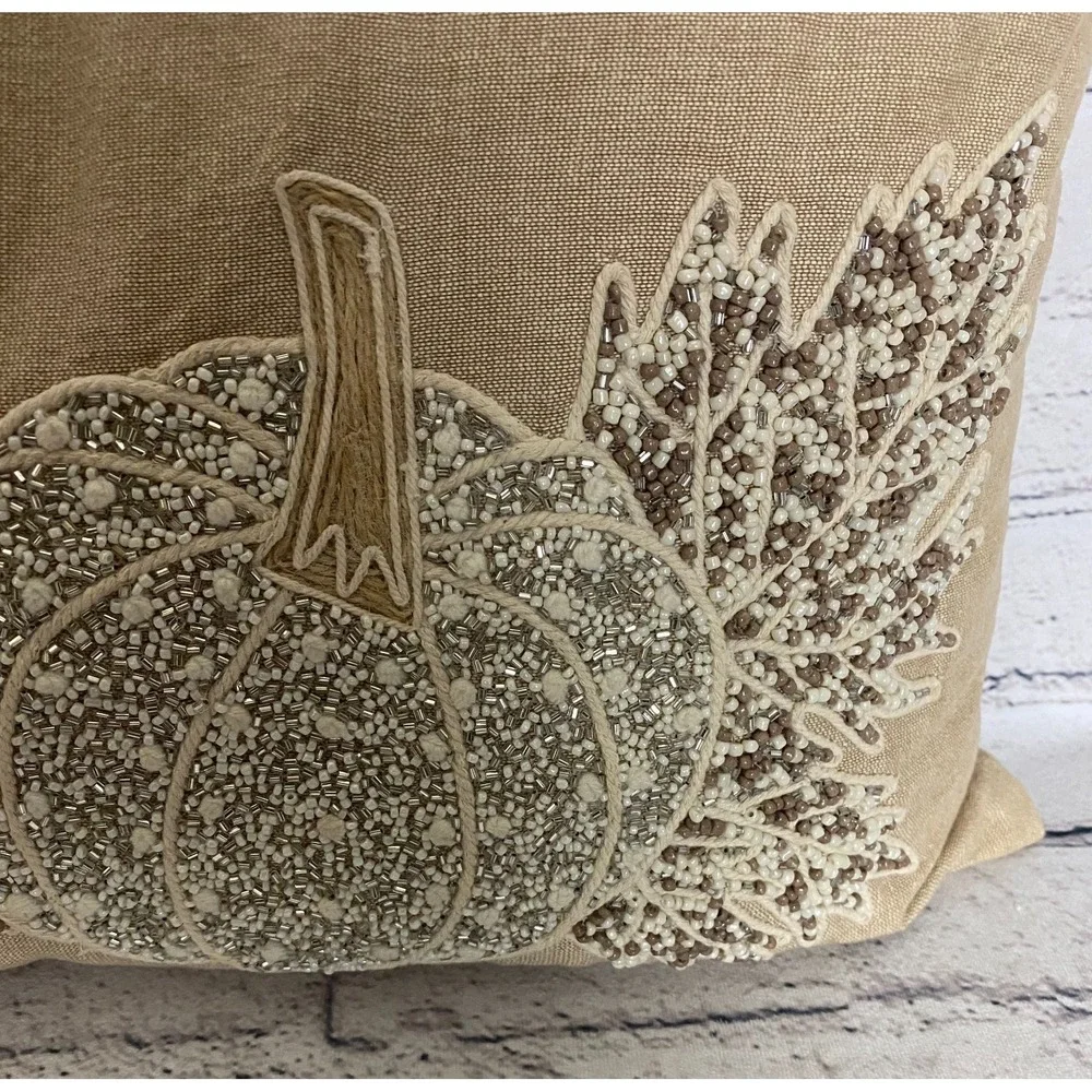 Devi Designs Beaded Fall Pumpkins Thanksgiving Boho Throw Pillow Beige 25x10